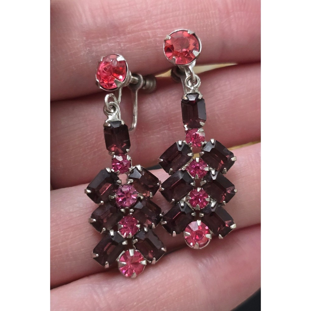 Pink and Burgundy Crystal Drop Earrings Screwback Green Glowers Silver Tone